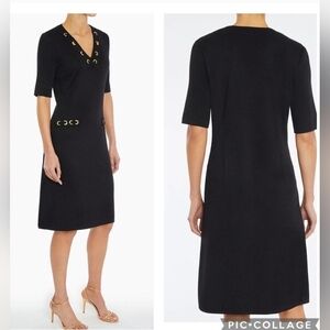 Ming Wang Knit Dress Size S Black Gold Grommet V Neck Knee Stretch Old Money